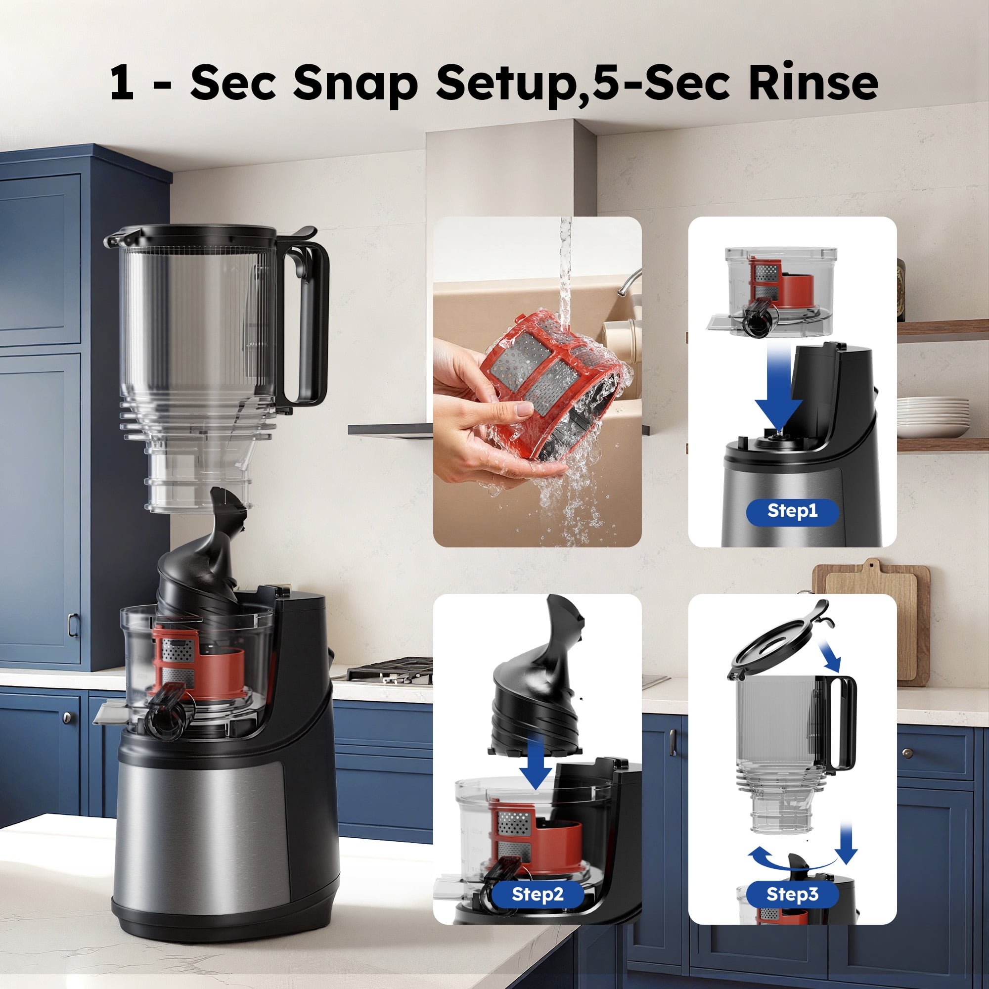 SIMZLIFE Cold Press Juicer, 5.1" Whole Feed Chute Masticating Juicer Machine, 150W 55 RPM Slow Juice Extractor with 99% High Yield & Double-Layer Filter, Easy to Clean, BPA-Free