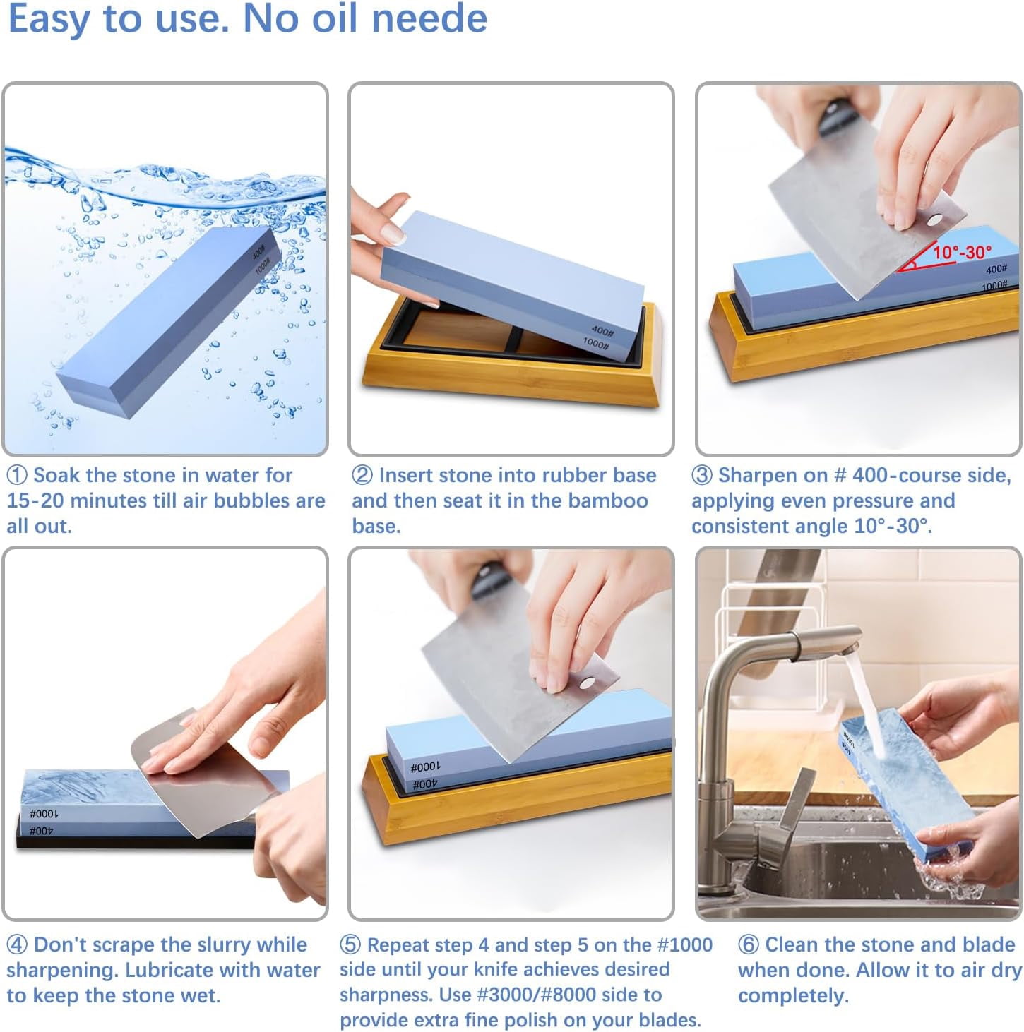 Knife Sharpening Stone Set – Dual Grit Whetstone 400/1000 3000/8000 Knife Sharpener with Leather Strop, Flattening Stone, Bamboo Base, 3 Non-slip Rubber Bases & Angle Guide