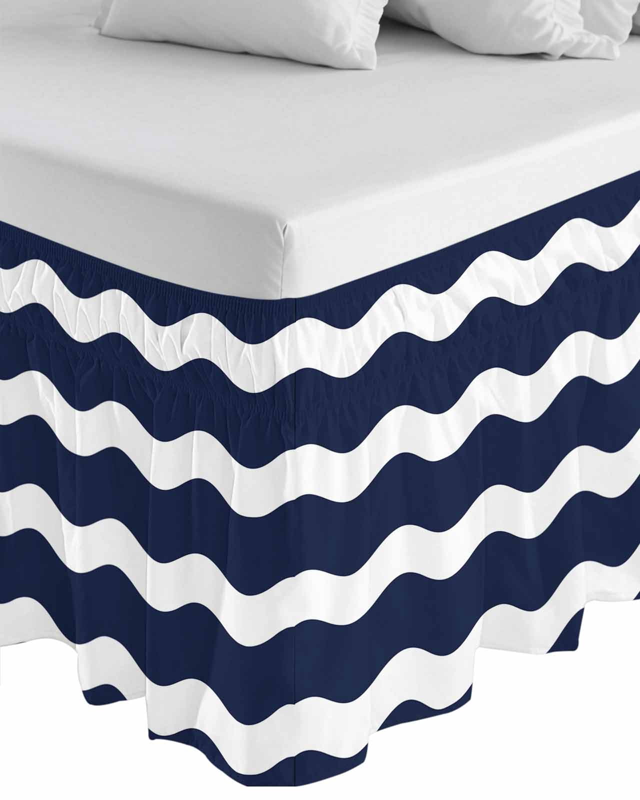 Navy Blue Bed Skirt King Size 16&nbsp;Inch Drop, Wavy Stripes Wrap Around Dust Ruffle Bedskirts, Wrinkle & Fade Resistant Easy Fit Bedskirt with Adjustable Elastic