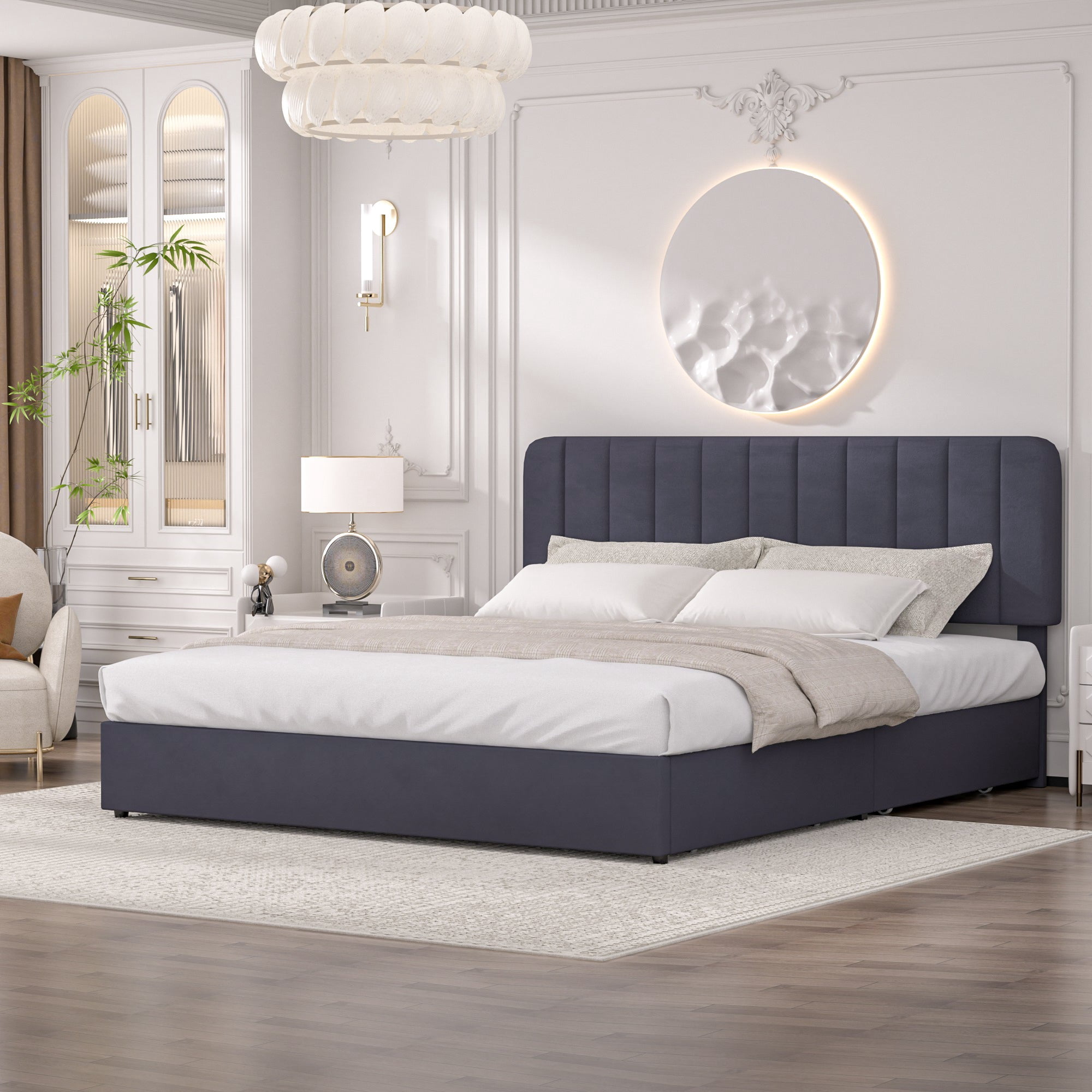 VECELO Upholstered Platform Bed Frame with 4 Storage Drawers, King Size Bed Frame with Adjustable Headboard, No Box Spring Needed, Black