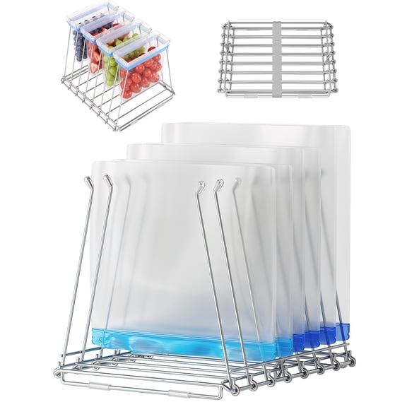 NiHome 2-in-1 Foldable Reusable Storage Bag Drying Rack, Holder for Ziplock Bag, Stainless Steel Dryer Stand for Plastic and Silicone Storage Bags, Cups, Dish, Rust-Resistant Kitchen Drying Rack