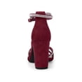thumbnail image 2 of BLISSFUL STEP Women's Shoes Rhinestone Crisscross Strappy Block Heel Faux Suede Ankle Buckle Sandals Burgundy 6, 2 of 7