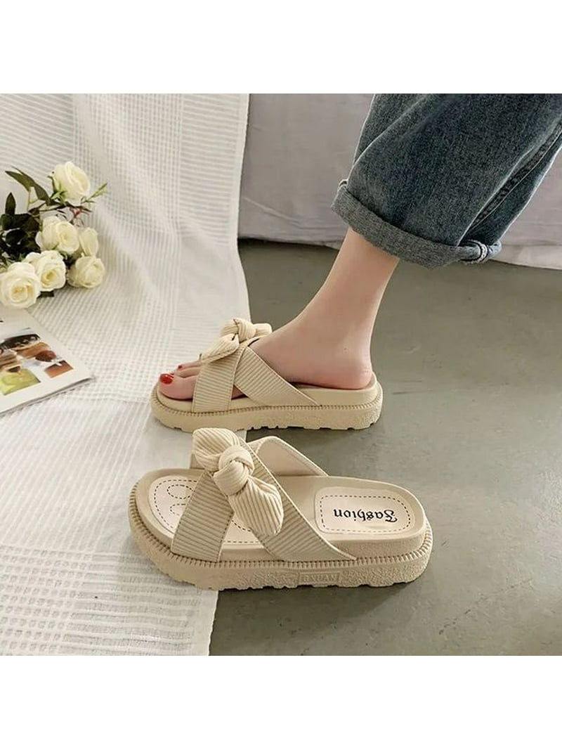 CoCopeaunt Womens Slippers Summer New Thick Bottom Bow Slippers Two Wear Word Casual Outer Wear Flat Bottom Sandals Women -
