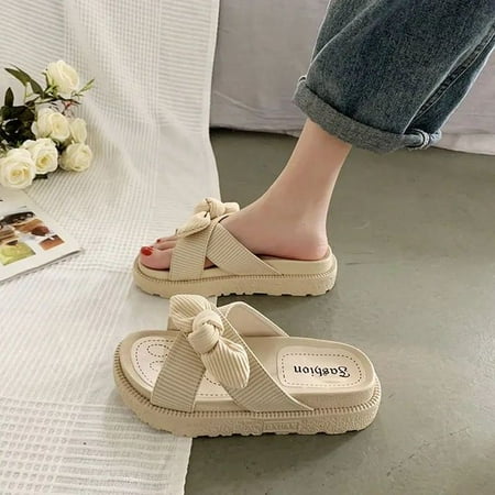 

CoCopeaunt New Style Sandals Fashion Student Thick Soled Roman Flat Shoes Indoor Slippers Sliding Bow Summer Beach Womens Slippers