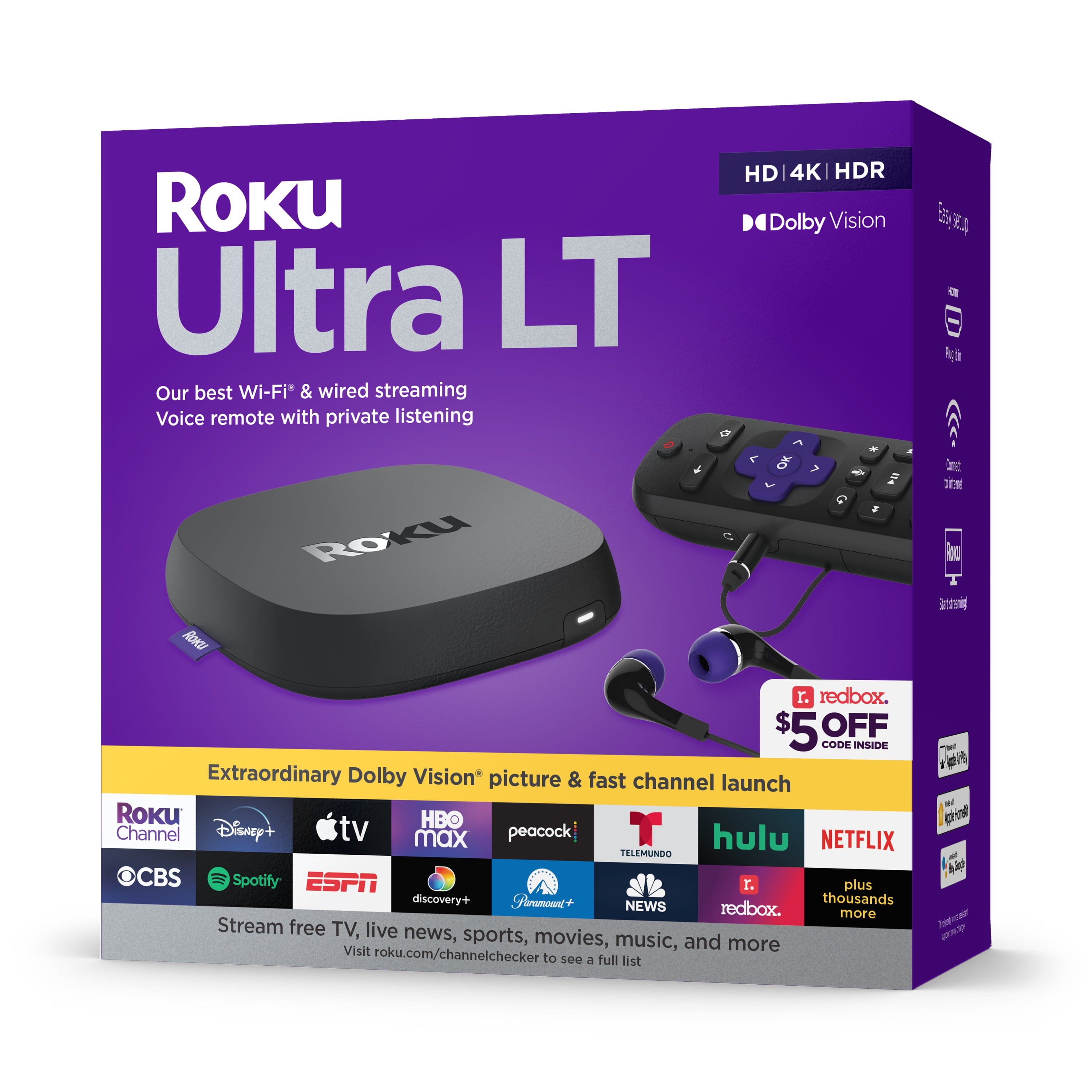 Roku Ultra LT Streaming Device 4K/HDR/Dolby Vision with Roku Voice Remote, Private Listening, and Premium HDMI Cable