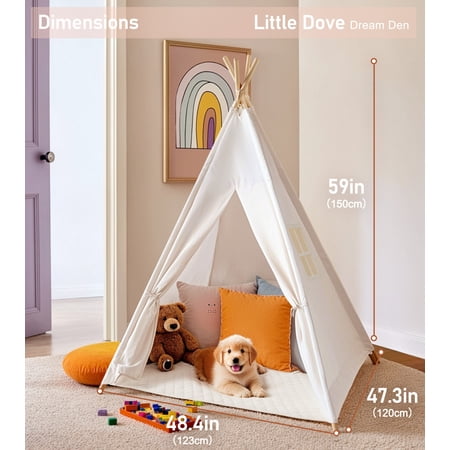 Teepee Tent for Kids Foldable Teepee Play Tent with Fairy Lights, Carry Case Water Resistance, Pretend Camp Fire, Four Poles Style Raw White Color - New Version Tiny House little dove