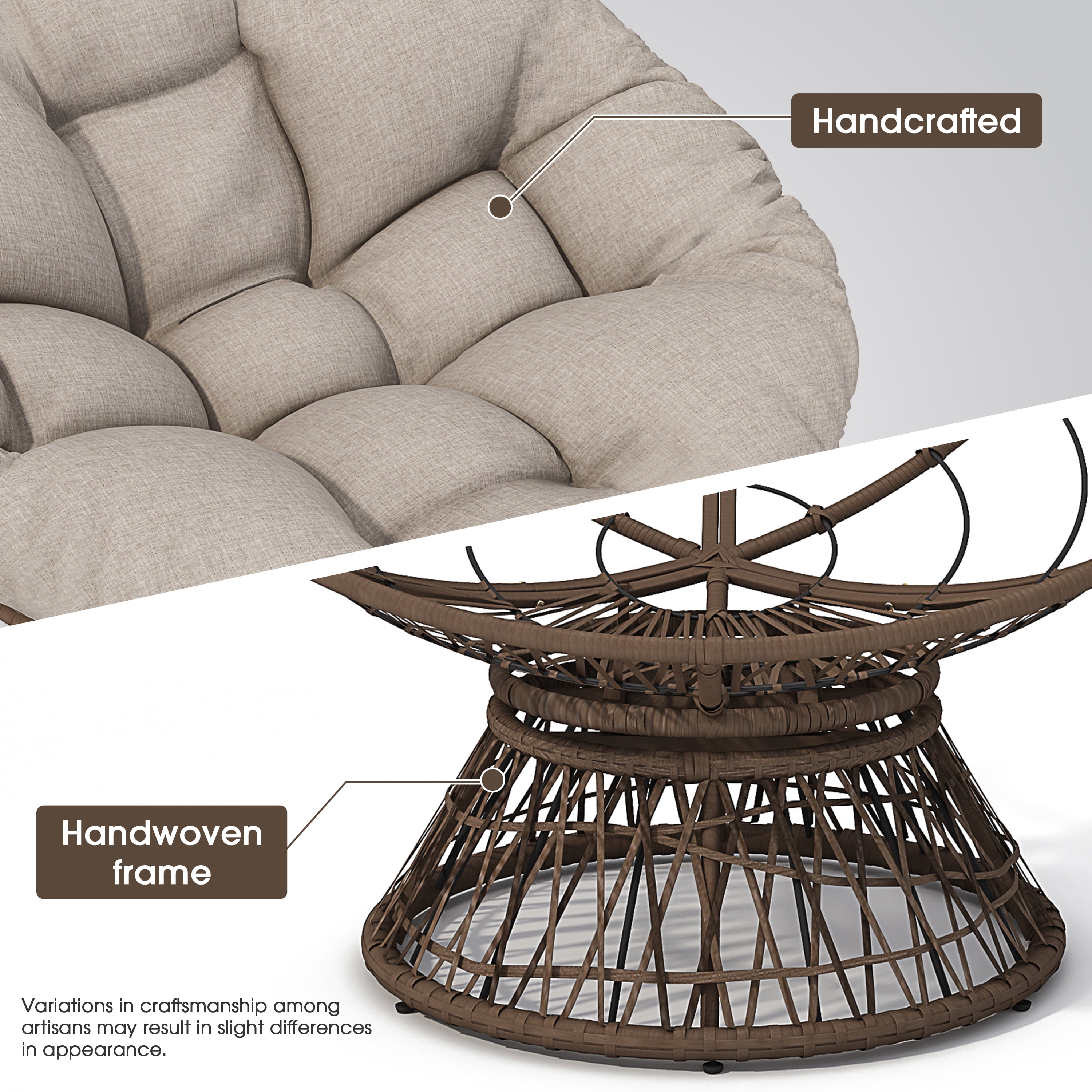 Swivel Papasan Chair, Wicker Chair, Ergonomic Chair with 360 Degree Rotation, Adjustable Feet and Ultra-Thick Waterproof Cushion for Living Room Bedroom, 41.5 Inch, Brown Cushion