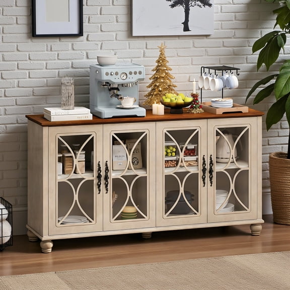 GZXS 59" Vintage Sideboard Cabinet, 4-Door Glass Storage Cabinet with Adjustable Shelves, Wooden Buffet Cabinet for Living Room, Dining Room (Beige Brown)