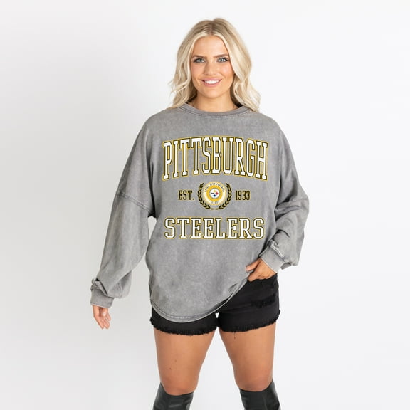 Women's Gameday Couture Gray Pittsburgh Steelers Oversized Final Score Snow Wash Long Sleeve T-Shirt