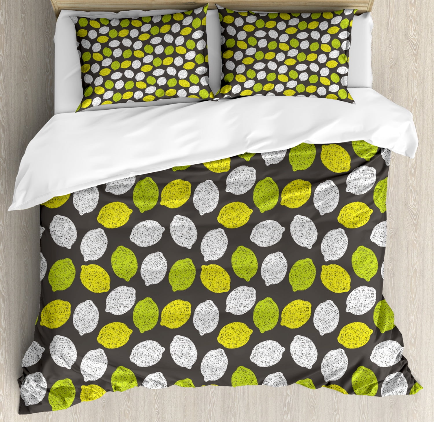 Lemons King Size Duvet Cover Set, Neatly Scribbled Lemon Fruits on Plain Monocolored Grey
