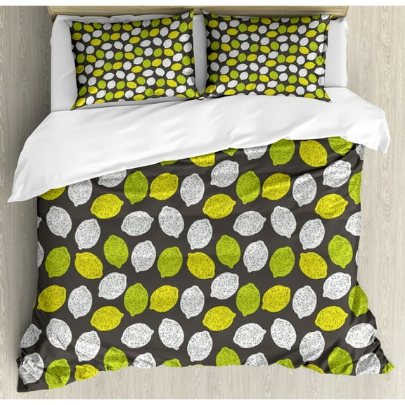 Lemons King Size Duvet Cover Set, Neatly Scribbled Lemon Fruits on Plain Monocolored Grey Background, Decorative 3 Piece Bedding Set with 2 Pillow Shams, Grey Yellow Green and Yellow, by Ambesonne