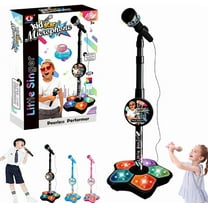 All-in-One Star Microphone Toy 2026 – Adjustable Height Stand, Flashing Lights & Echo, Portable Karaoke Machine for Teens’ Musical Play Black