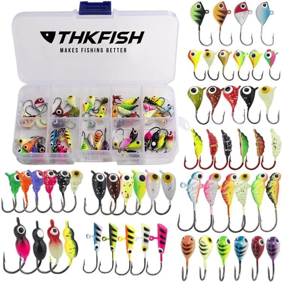 Ice Fishing Jigs 54pcs Glow Ice Fishing Lures, Walleye Jig Ice Fishing Jigs Kit Ice Fishing Gear for Crappie Bass Walleye Saltwater Freshwater Fishing Gear