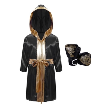 Kaerm Kids Boys Halloween Boxing Outfit Metallic Satin Hooded Boxer Robe Cloak Boxer Boxing Gloves Black 8