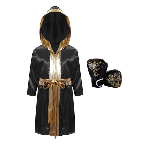 Kaerm Kids Boys Halloween Boxing Outfit Metallic Satin Hooded Boxer Robe Cloak Boxer Boxing Gloves Black 8