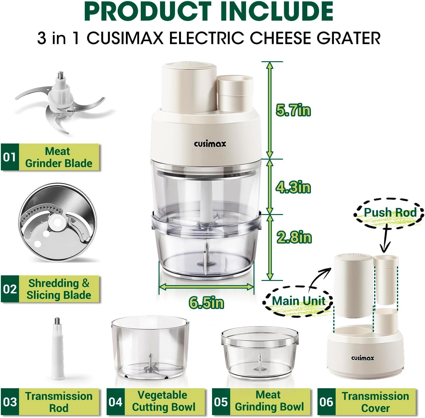 CUSIMAX 2-Speed Electric Food Processor, Electric Vegetable Spiralizer for 3-in-1,White,