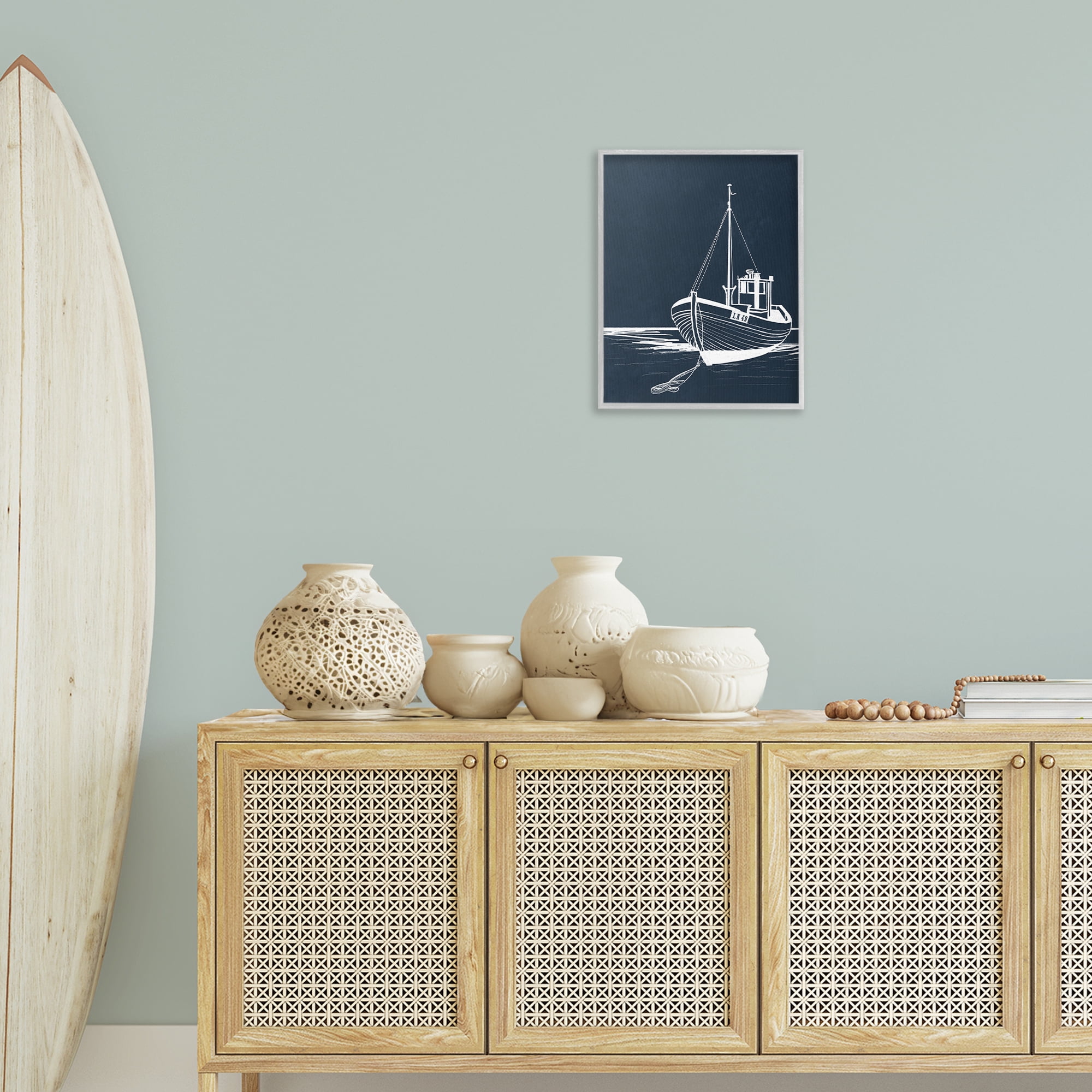 Stupell Industries White Outline Sailboat Transportation Painting Gray Framed Art Print Wall Art, 16 x 20