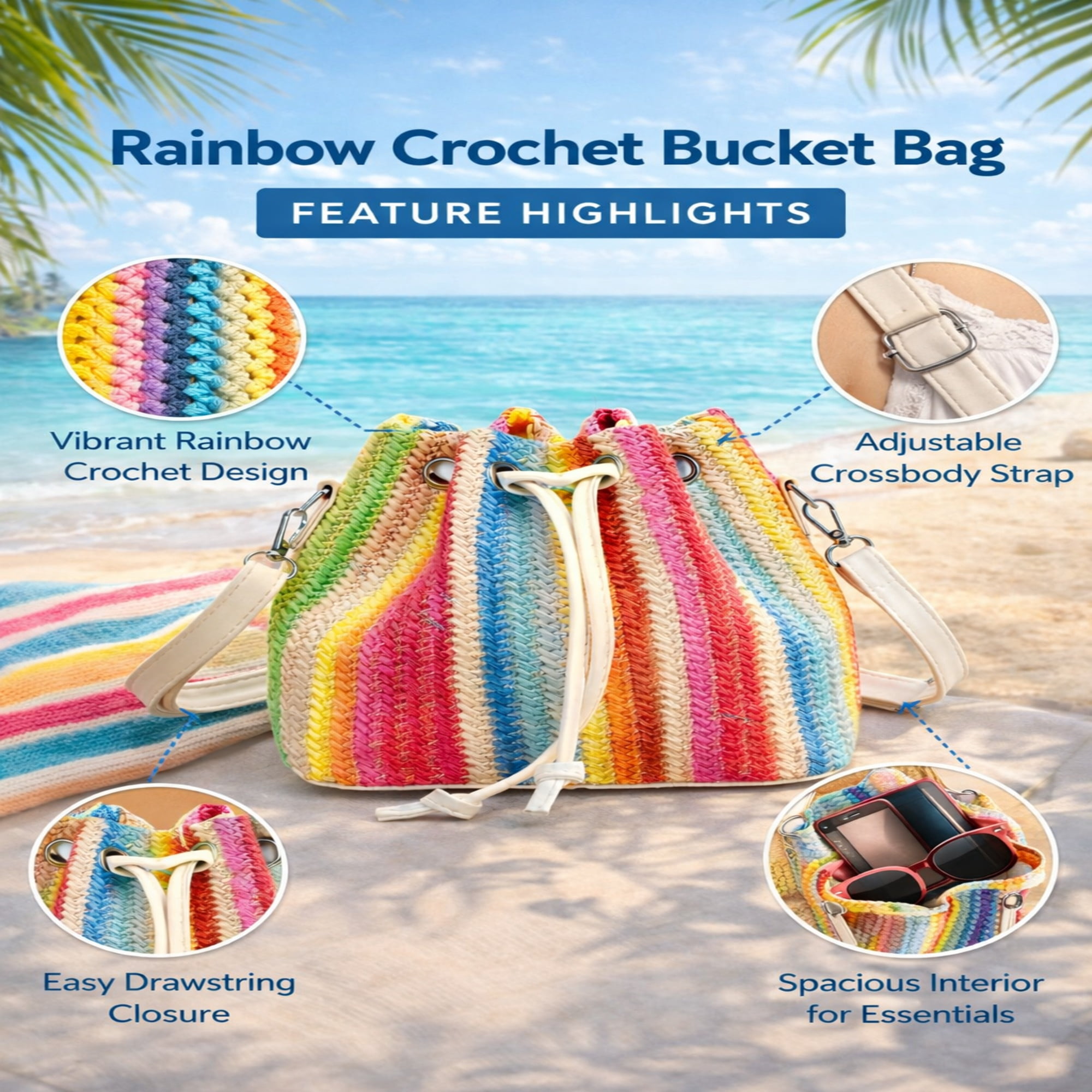 Lwbloom Rainbow Crochet Bucket Bag for Women – Colorful Knit Boho Crossbody Purse with Drawstring Closure, Summer Beach Travel Handbag
