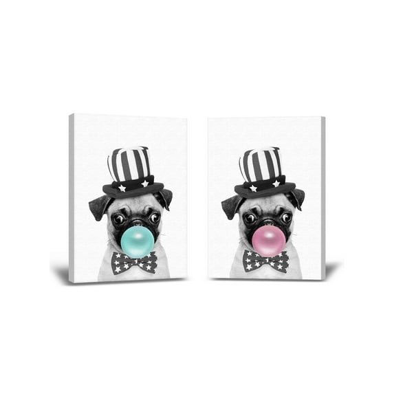 Awkward Styles Pink Canvas Cute Pug with Blue Bubble Gum Animal Canvas Wall Art Gift Bubble Gum Painting Bubble Gum Art Animal Collection Lovely Pug Design Baby Dog Artwork Bubble Gum Set of 2