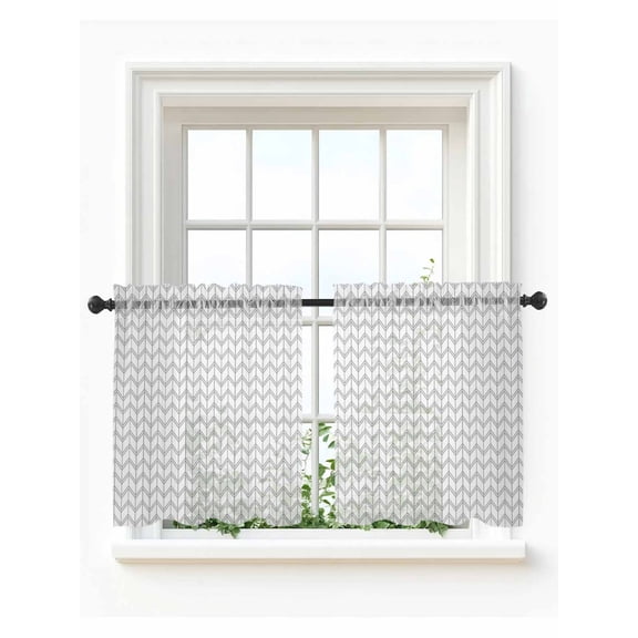 Boho Gray Tier Curtains 36 Inch Length,Sheer Curtains for Bedroom Living Room Window White Chevron Stripes Abstract Geometric Rod Pocket Drapes Kitchen Curtains Small Half Window 27.5"x36" 2 Panels