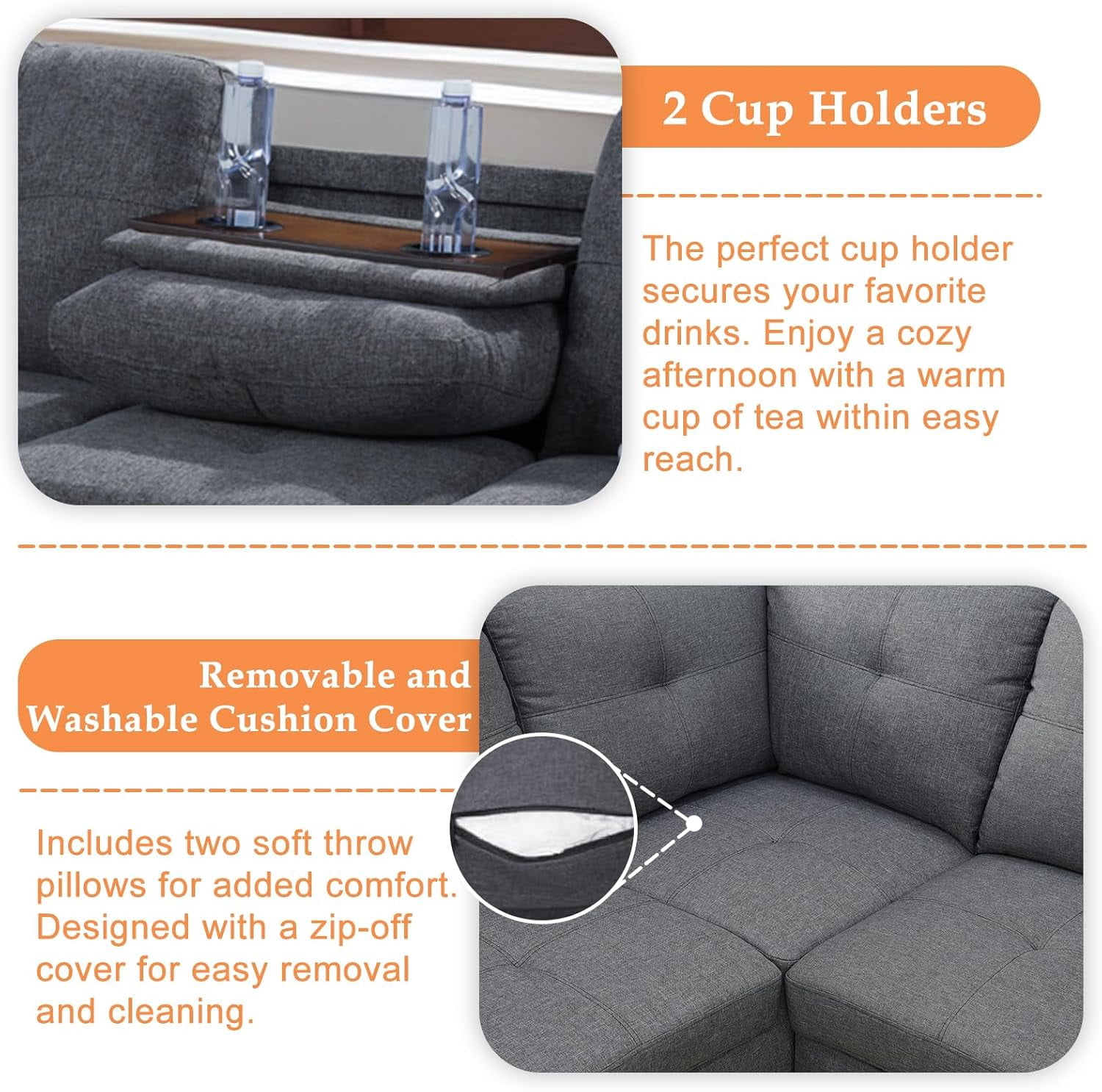 Howcool L Shaped Sectional Sofa, 4 Seater Modular Sectional Couch with Chaise Lounge, Storage Ottoman & 2 Cup Holders, Linen Sofa with Pillows for Living Room, Apartment, Dark Gray