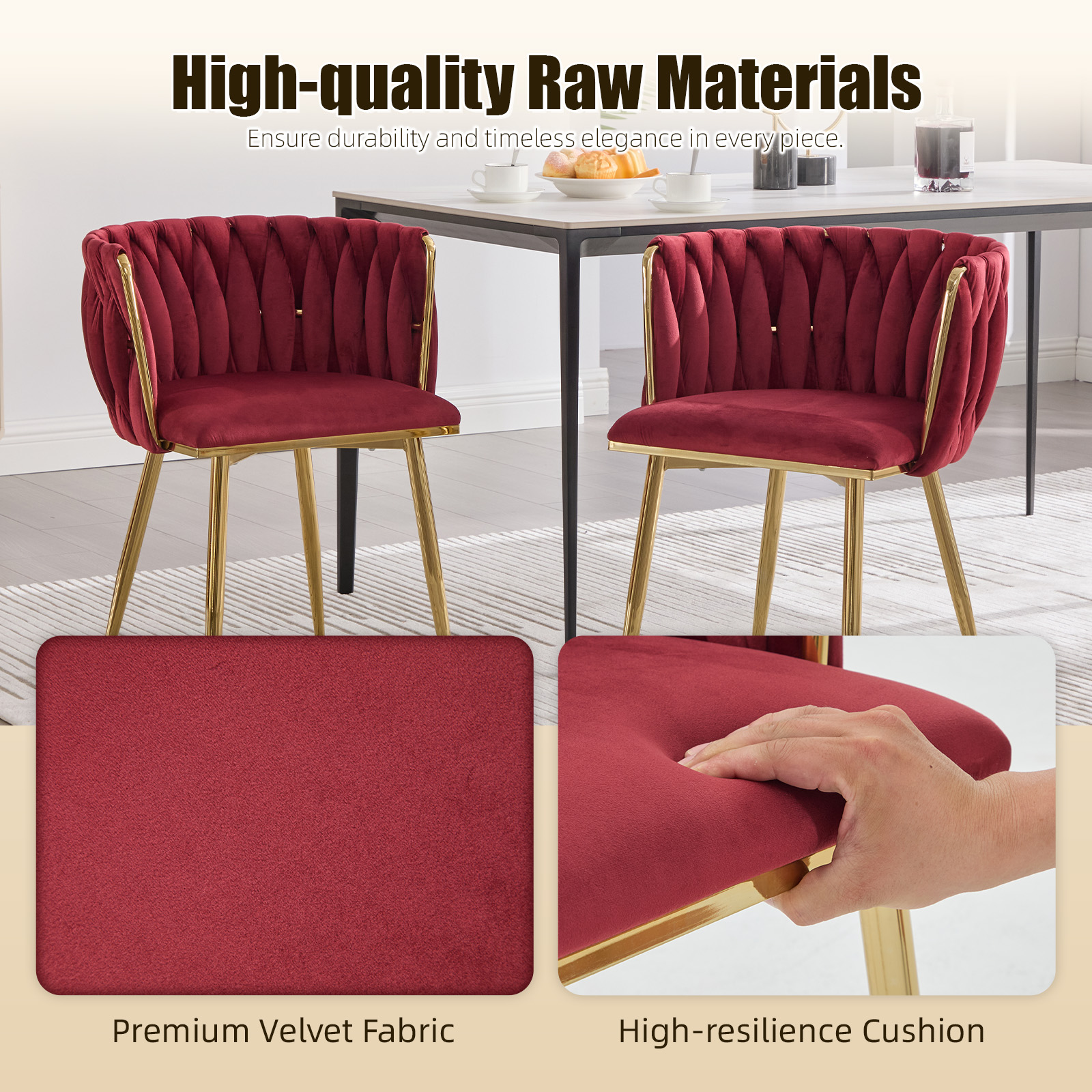 MOONMISS Velvet Upholstered Tufted Wood Frame Side Dining Chair with Golden Legs（set of 2）-Wine Red