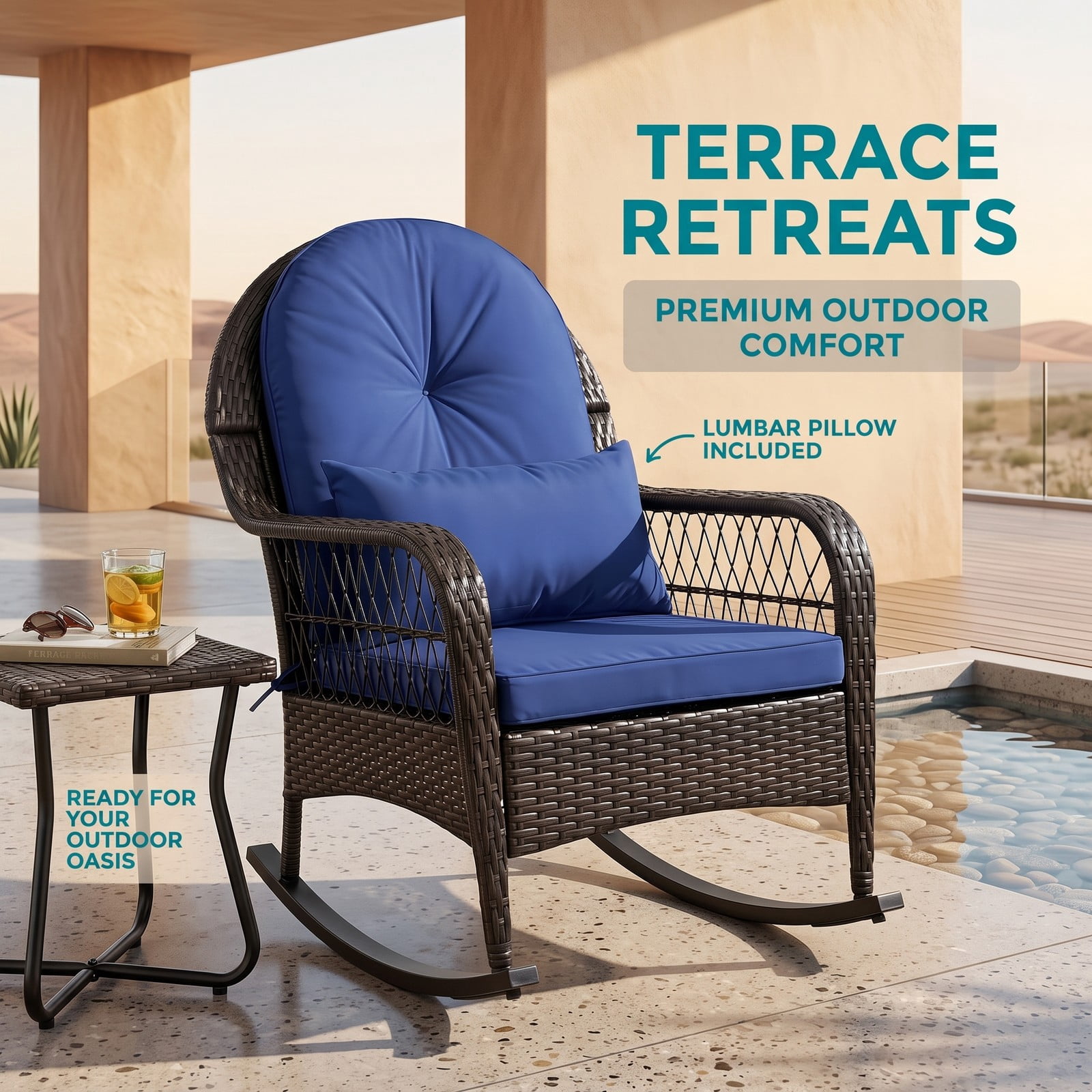 Furnibear Patio Rattan Rocking Chair with Soft Seat, Back Cushions and Waist Pillow for Front Porch, Backyard and Poolside, Navy