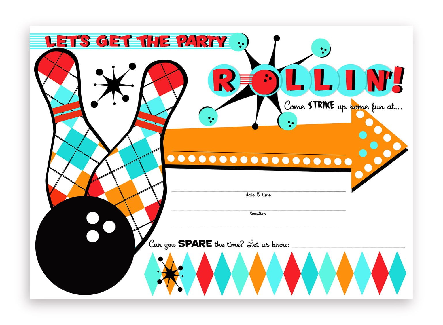 Bowling Party LARGE Invitations 10 Invitations + 10 Envelopes