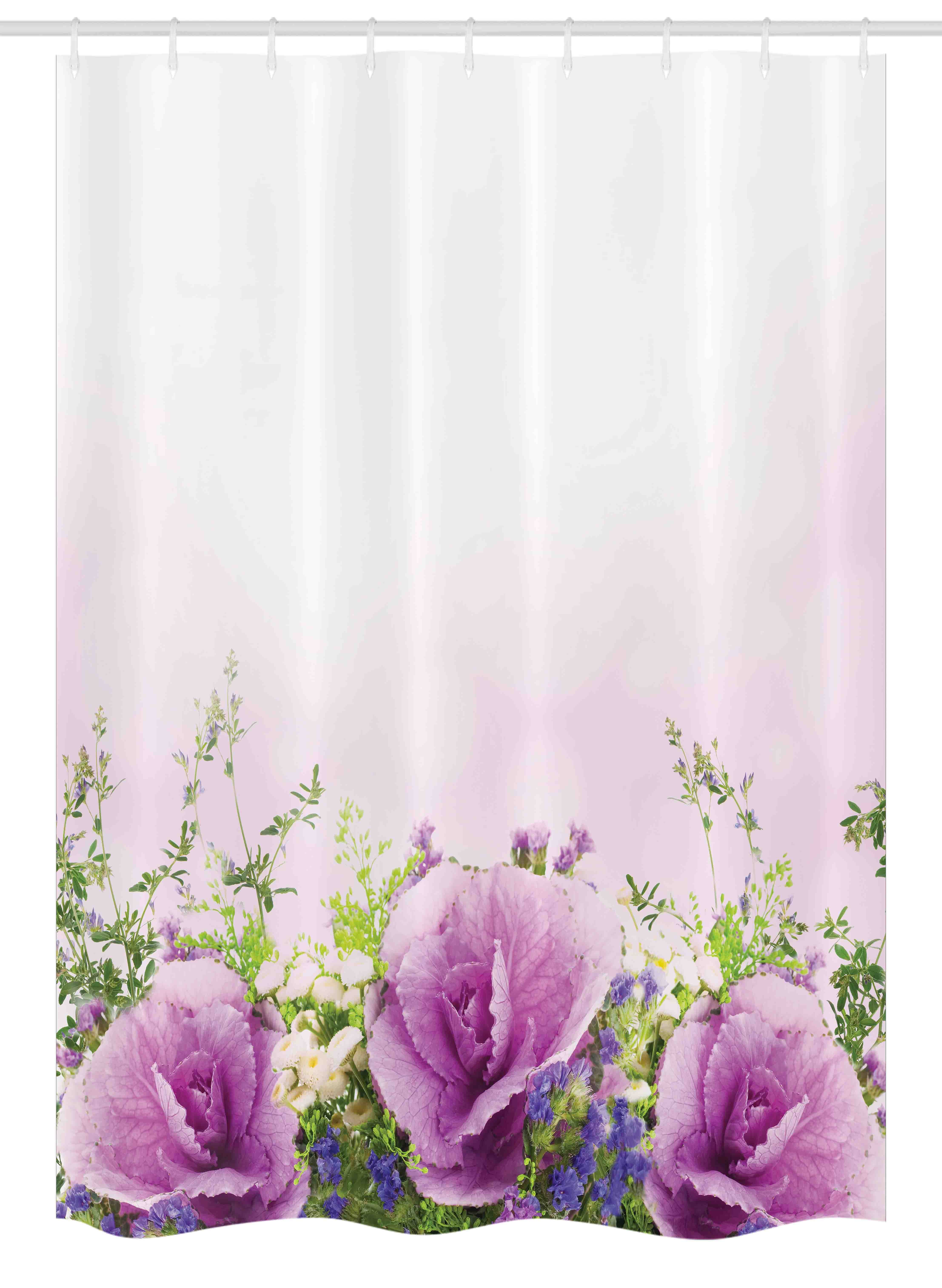 Lavender and Green Floral Polyester Shower Curtain with Hooks