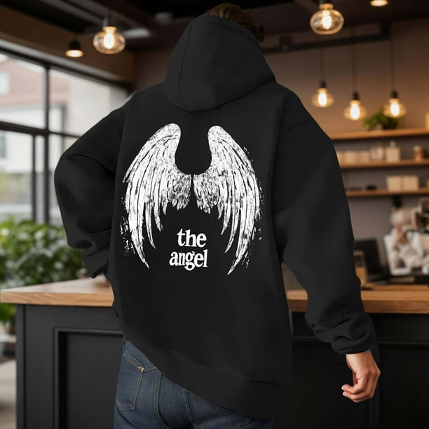 MHFRRA Sudadera con Capucha Informal con Estampado de Ángel de Invierno, Forrada, Cálida, Suave y Cómoda, para Uso Diario Negro