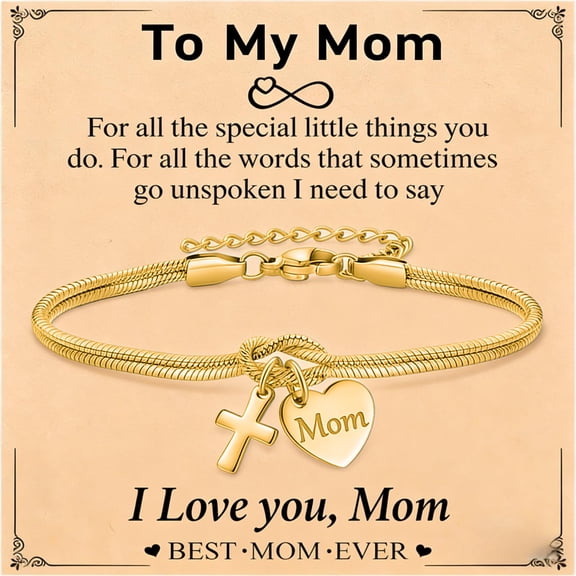 Mother's Day Gift for Mom - Gold Tone Love Knot Cross Bracelet with "MUM" Heart Charm, Stainless Steel Adjustable Jewelry