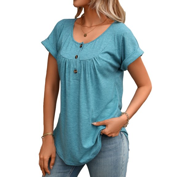Women's Curved Hem Short Sleeve Shirts Summer Soft Pleated Scoop Neck Button Down Shirt Loose Fit Casual Daily Wear Tops Blue