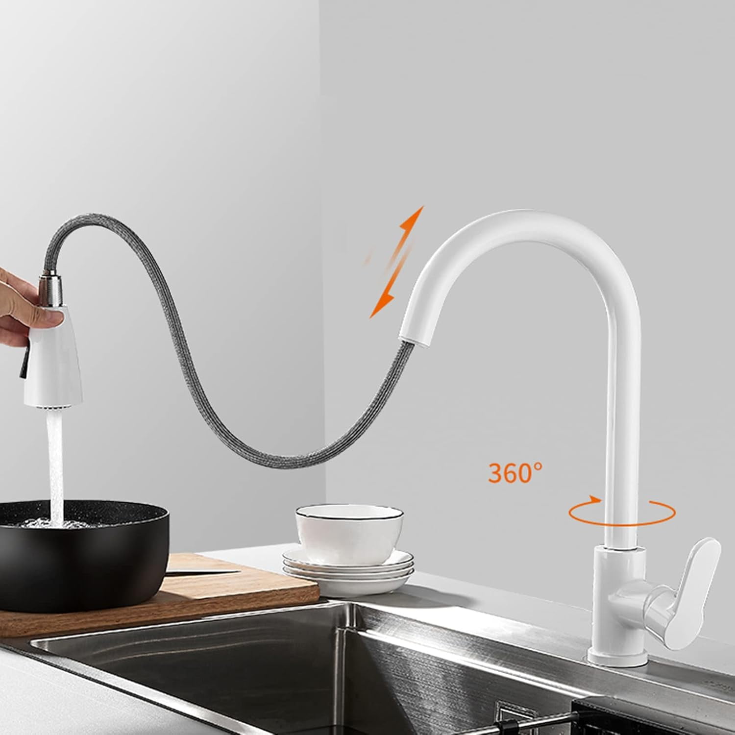 Kitchen Faucet with Pull Out Spray Kitchen Sink faucets Telescopic 360° Rotatable Brass Multifunction Kitchen Mixer Faucet-White