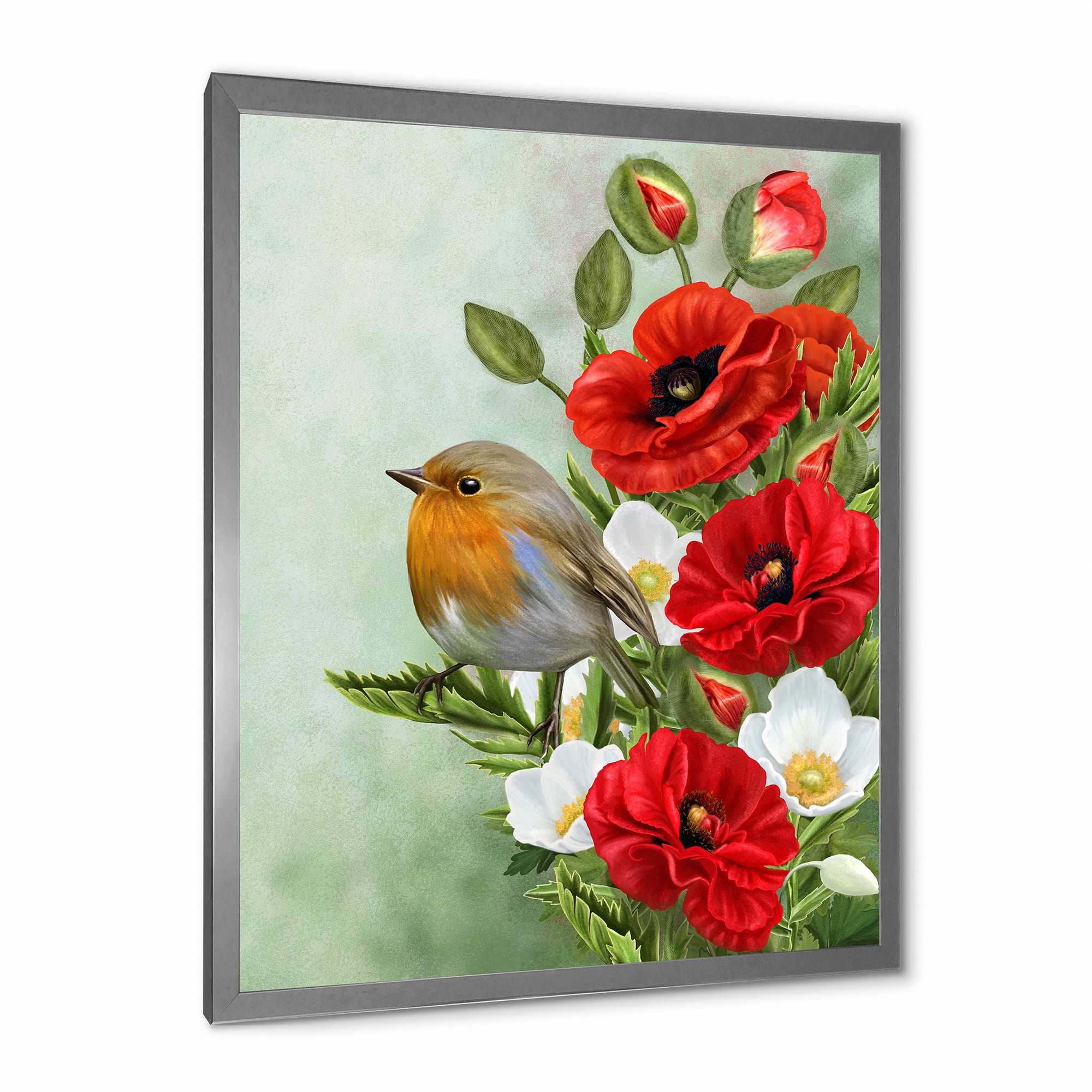 Designart 'Red Poppies and White Anemones With Yellow Bird' Traditional Framed Art Print