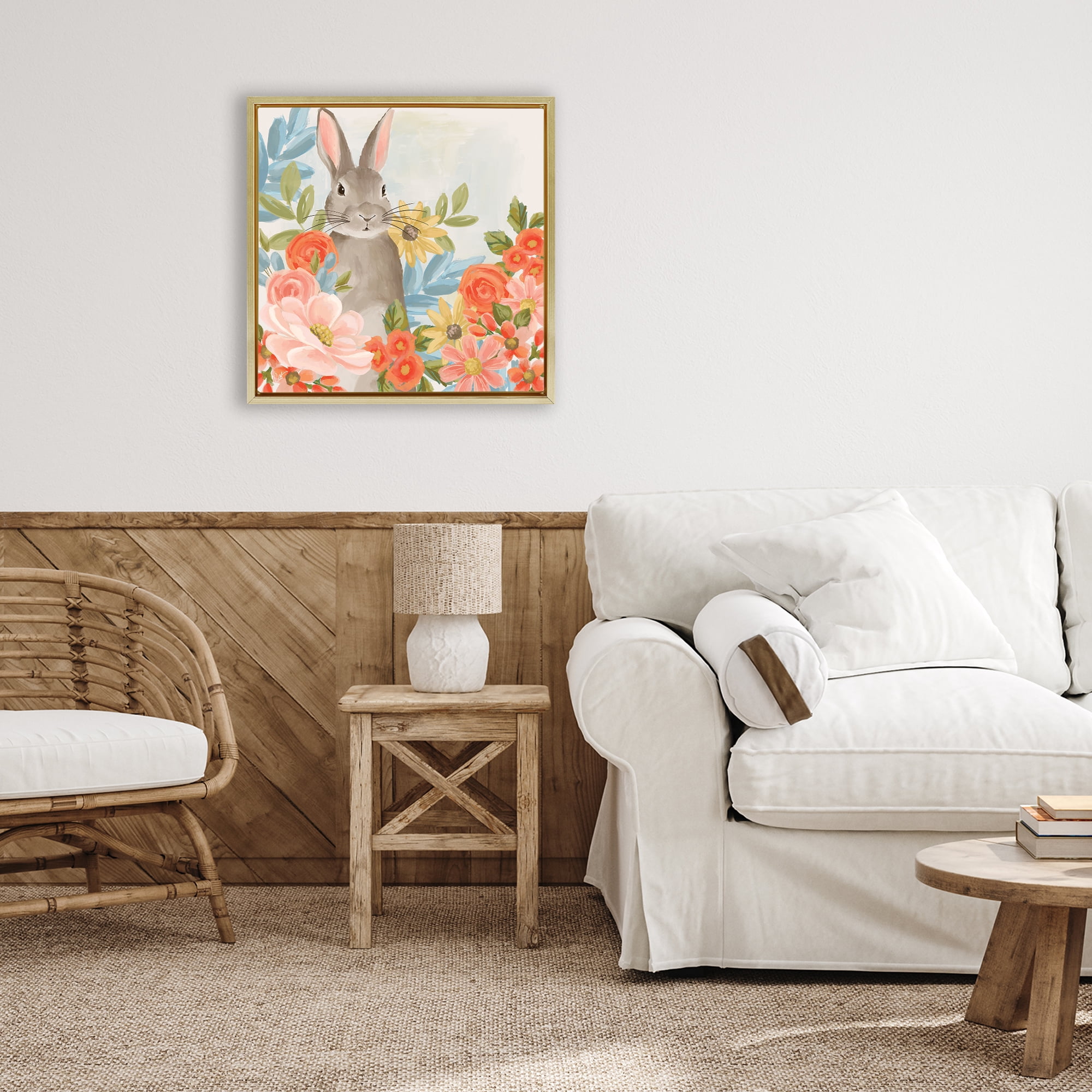 Stupell Industries Bunny Among The Blooms Gold Framed Floater Canvas Wall Art, design by Cat Thurman Designs