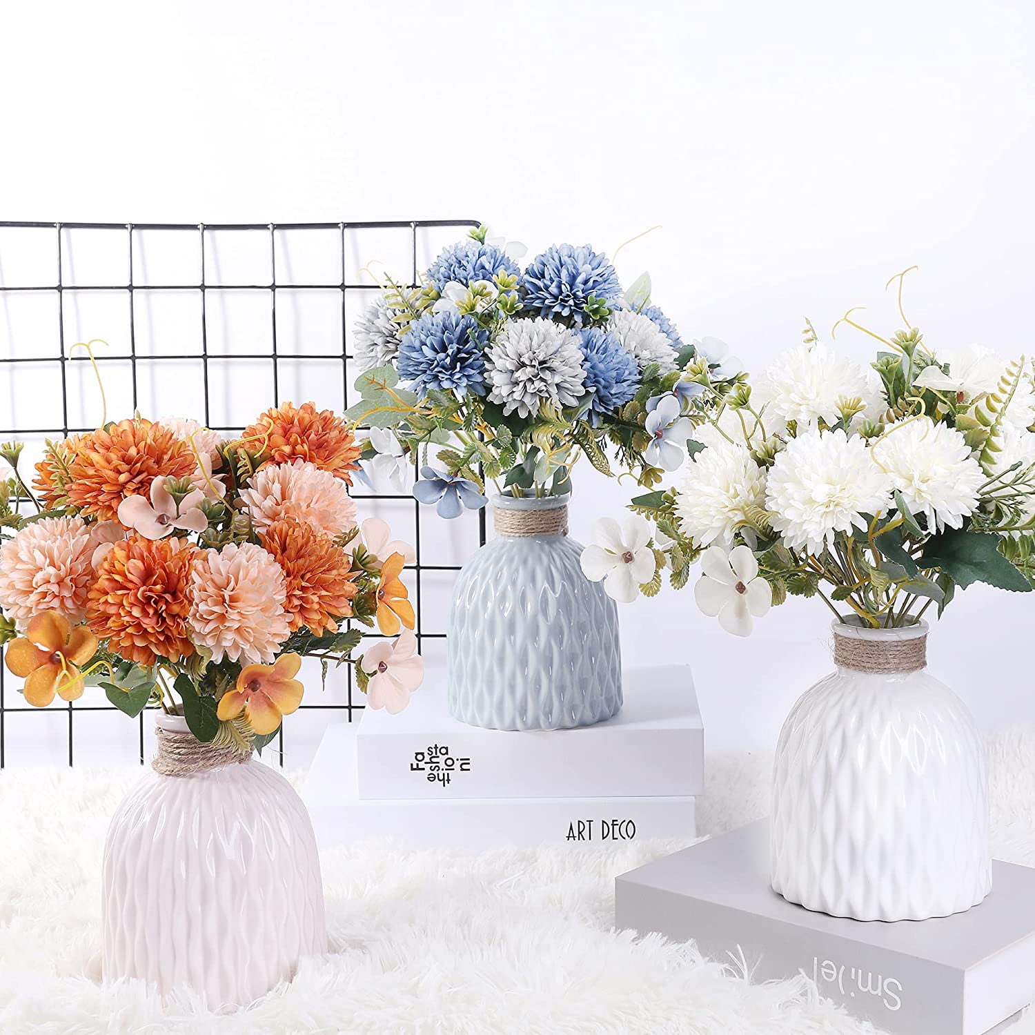 Artificial Chrysanthemum Ball Flowers - 3pcs Realistic Silk Flower with Stems&Leaves for Wedding, Party, House Decoration, Table Centerpieces Flowers (Black, Gray)
