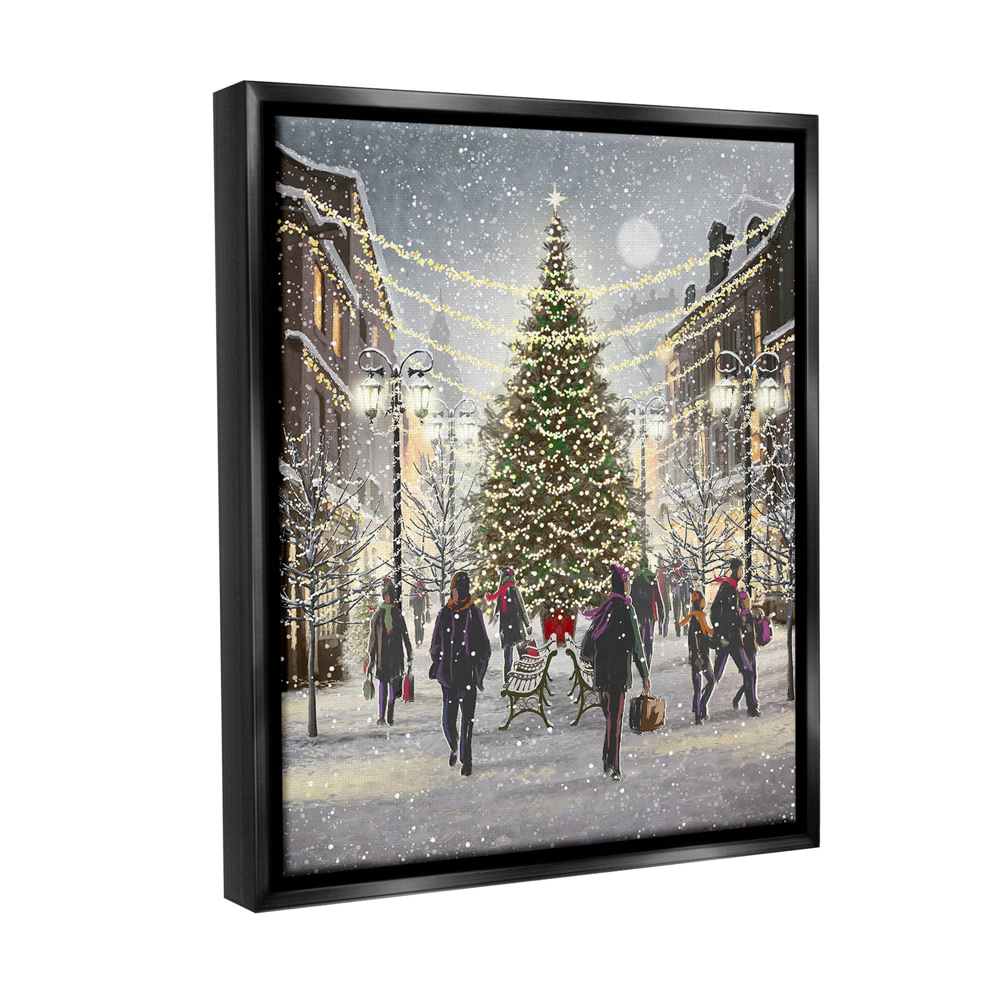 Stupell Industries Town Christmas Tree Holiday Painting Black Floater Framed Canvas Art Print Wall Art, 17 x 21
