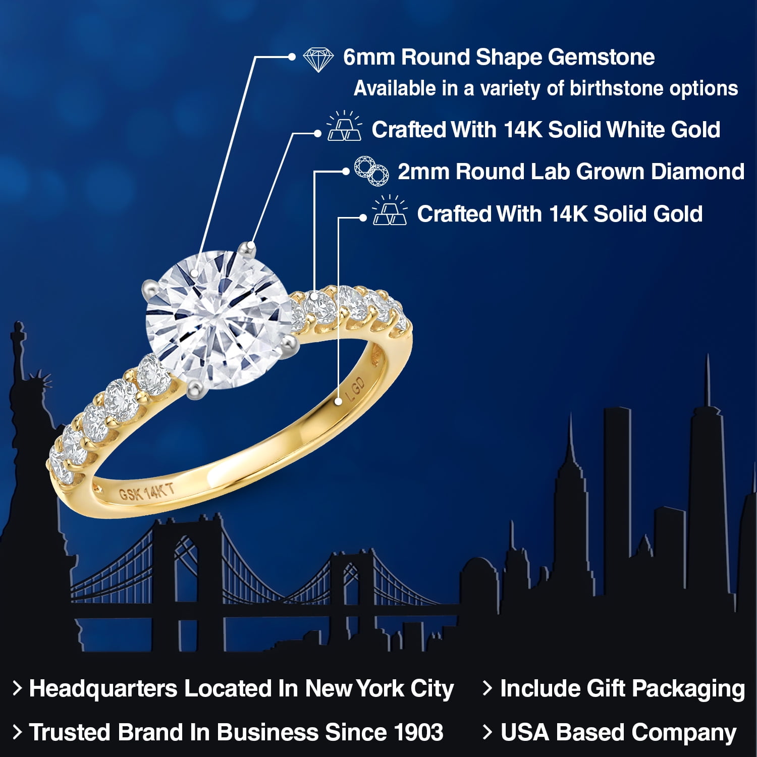 Gem Stone King 14K Two Tone Gold White Moissanite and Lab Grown Diamond Engagement Ring for Women | 1.18 Cttw | Round 6MM | Gemstone Birthstone | Size 9