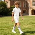 thumbnail image 6 of Boys Girls 3 Piece Loose Outfit Set Short Sleeve Lapel Top Elastic Waist Shorts and Striped Knee High Socks Casual Matched Clothing Set, 6 of 9