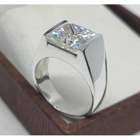 4Ct Princess Cut Real Moissanite Men's Wedding Ring 14k White Gold Plated