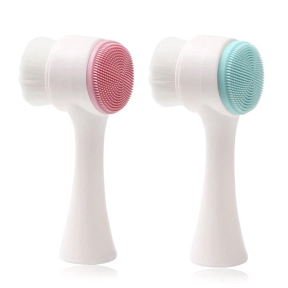 2Pcs Double Sides Face Brushs,Facial Cleansing Brush 2 in 1,3D Stand Vertical Silicone Facial Wash Brush,Applicable to Sensitive, Delicate, Dry Skins(Blue Pink)