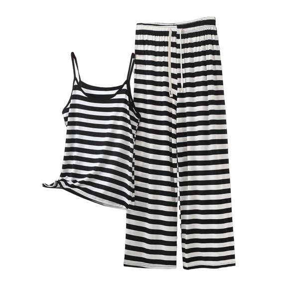 FAWUUDO Women's Striped 2 Piece Cotton Set Sleeveless Cami Tank Top and Long Pants Round Neck Set Elastic Waist Loungewear