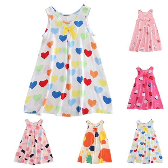 Einccm Girls Nightgown - Princess Heart Print Sleeveless A-Line Nightdress, Soft Cotton Summer Sleepwear with Bow Neck, Loose Comfy AC Dress Ages 1-14