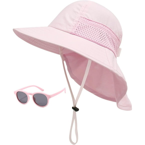 Baby Sun Hat Toddler Kids Boys Girls Wide Brim Beach Hats with Sunglasses UPF 50+ Plain Caps with Neck Flap