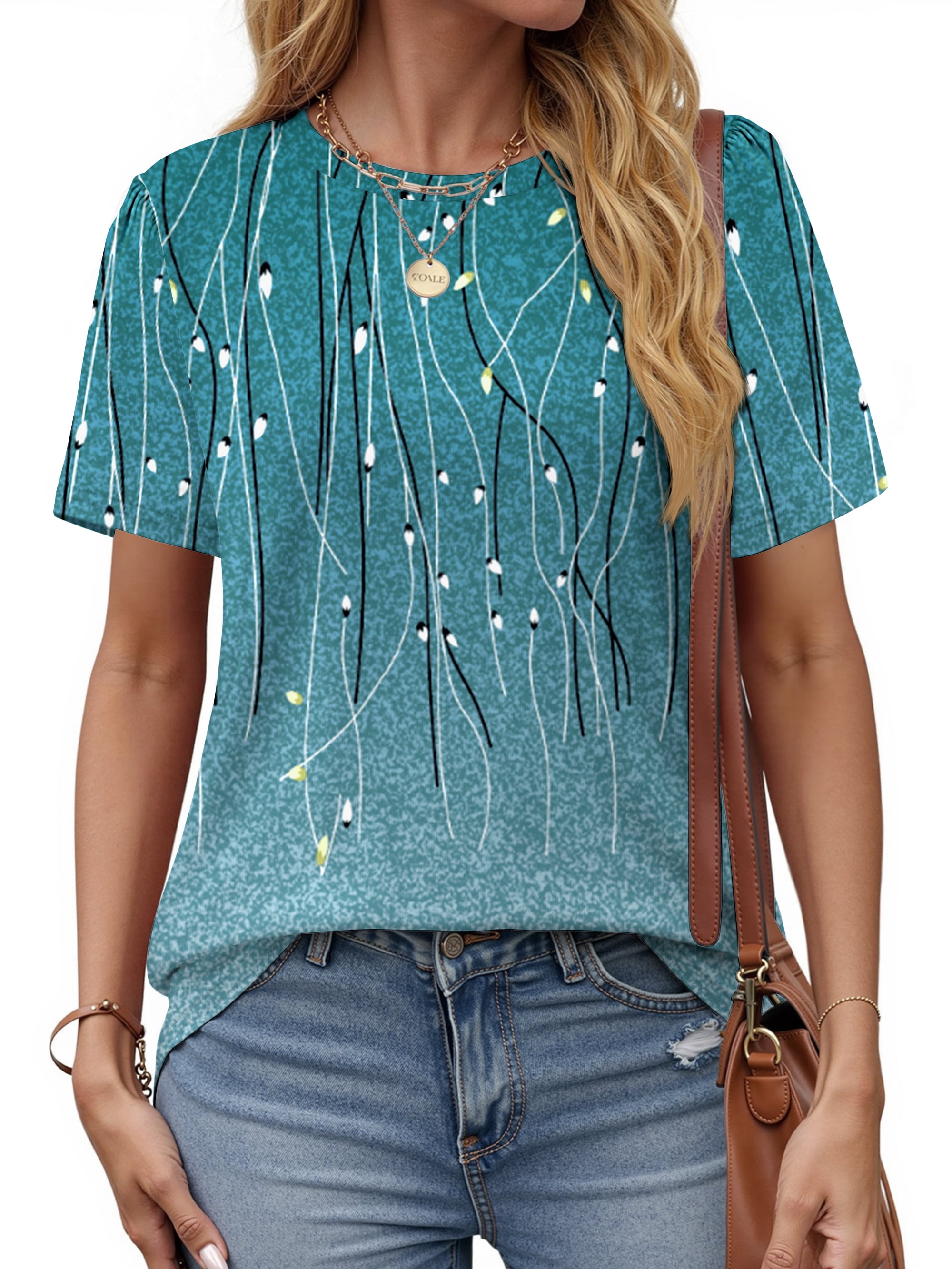 Fantaslook Womens Summer Tops Dressy Casual Short Sleeve Shirts Crew Neck Tunic Floral Blouses