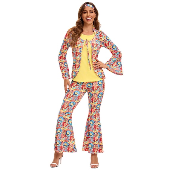 FYEGRE 70s Hippie Disco Couple Set Retro Bohemian Party Outfits for Men and Women Yellow M