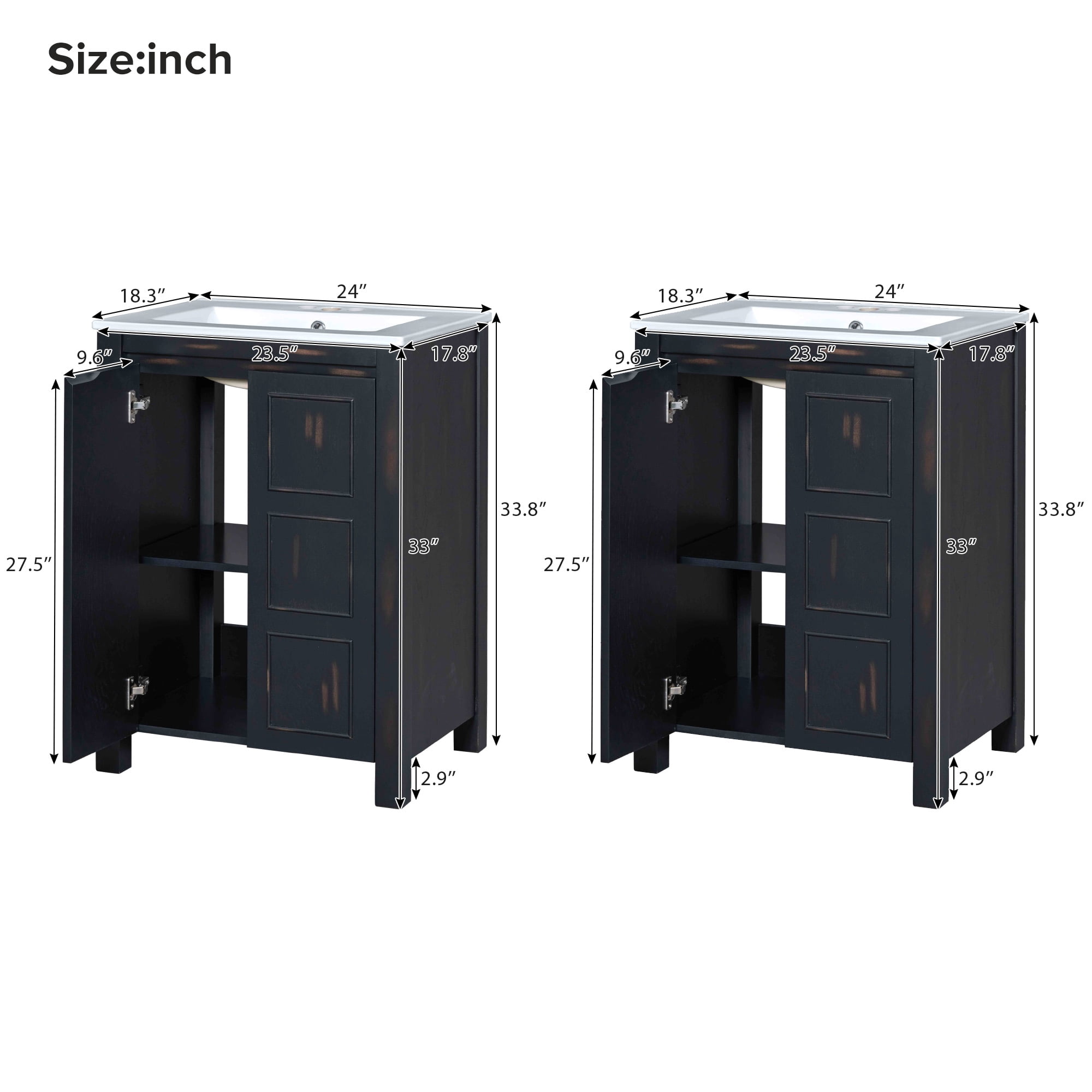 Euroco 48" Vintage Style Bathroom Vanity Combo with Double Vanities (separate), Double Ceramic Sinks, storage Shelf and Soft Close Doors