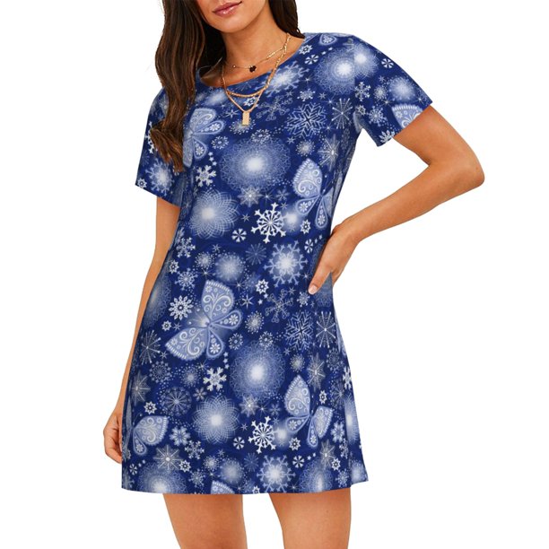 Fotbe Beautiful Snowflake Butterfly Bata de Dormir para Mujer con Estampado, Camisón de Algodón de Manga Corta, Ropa de Dormir Casual