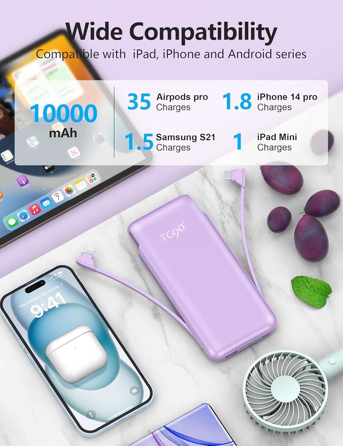 Portable Charger Power Bank with Built in Cable and AC Wall Plug, 10000mAh Fast USB C Phone Charger, Slim Thin Mini Charging Battery Pack Compatible with Smartphones and All USB-C Devices.