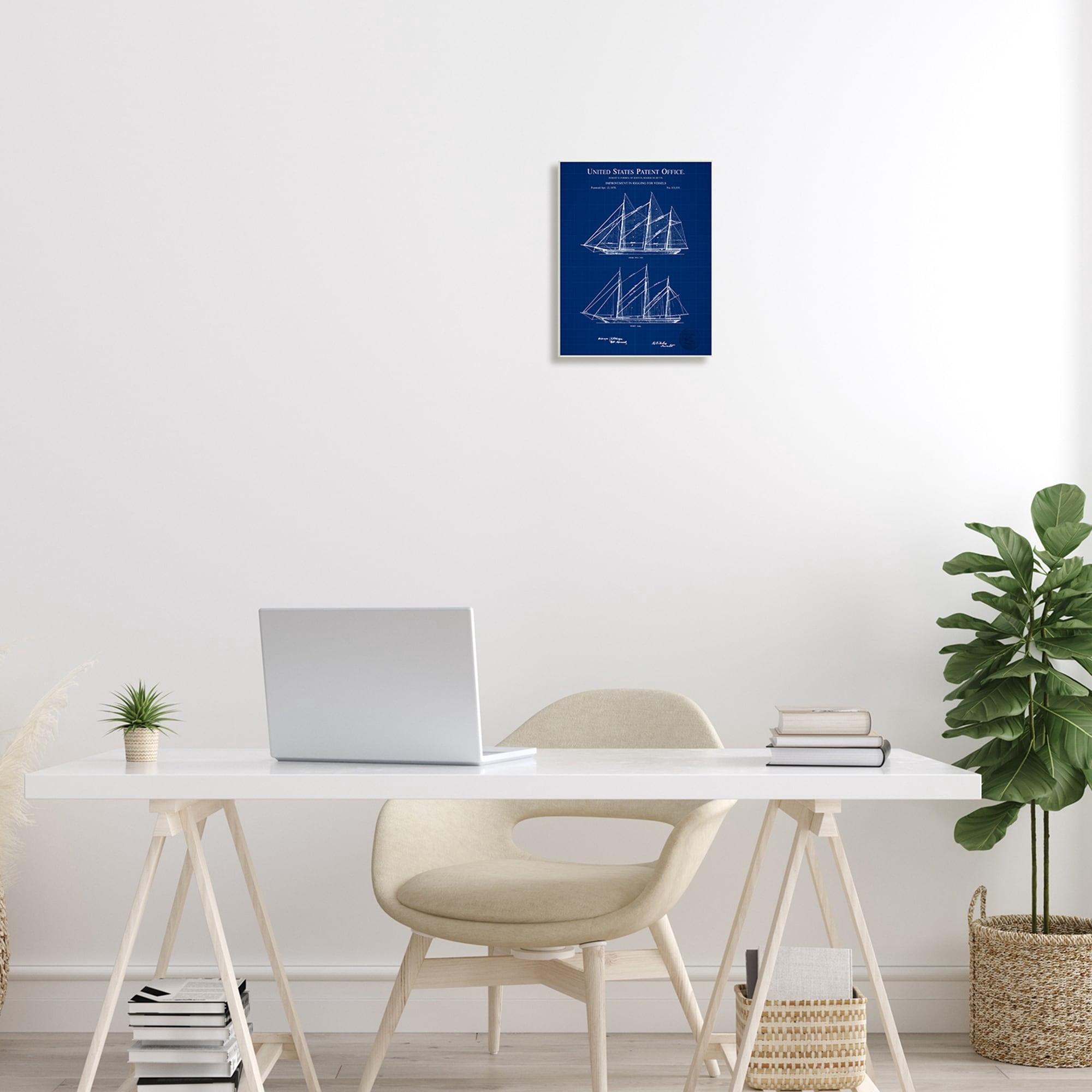 Stupell Industries Blue Ship Boat Diagram Detailed Blueprint Patent Design Wood Wall Art, 10 x 15, Design by Karl Hronek